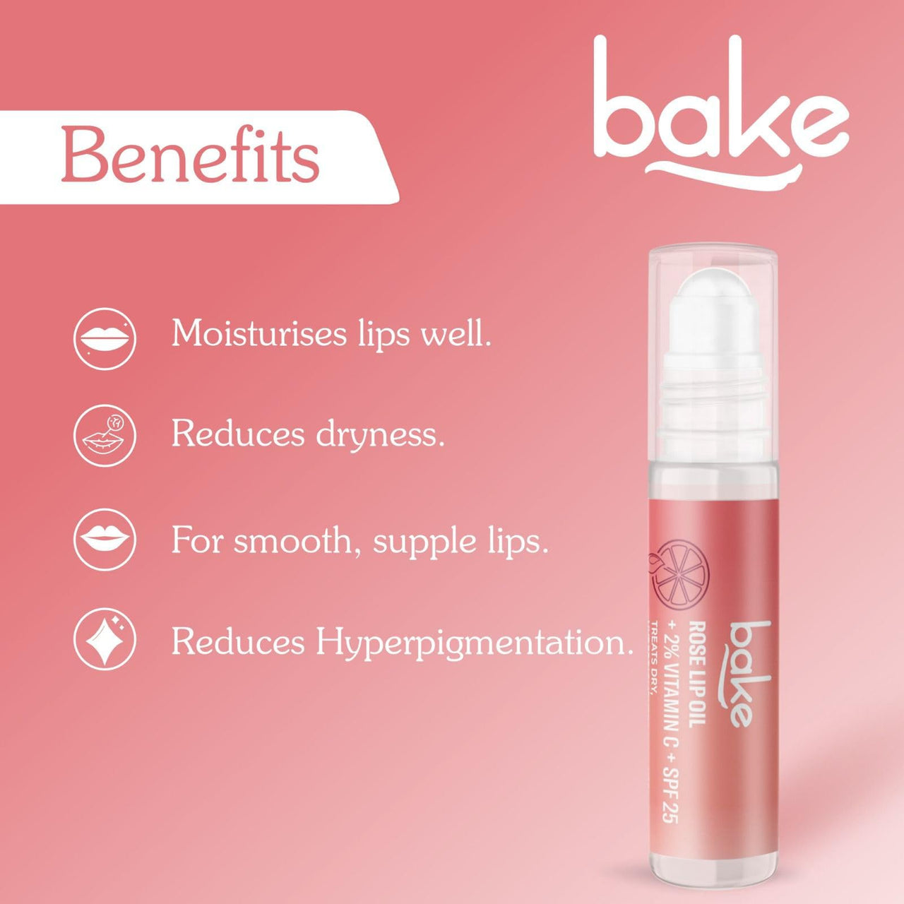 BAKE 2% Vitamin C Rose Tinted Lip Oil Balm with SPF 25 | BAKE in Dawn | Treats Dry, Pigmented Lips | Smooth, Supple Lips with SPF | With Shea butter, Cocoa Butter, Zinc Oxide & Vitamin C | For Men and Women | 15ml (Rose)