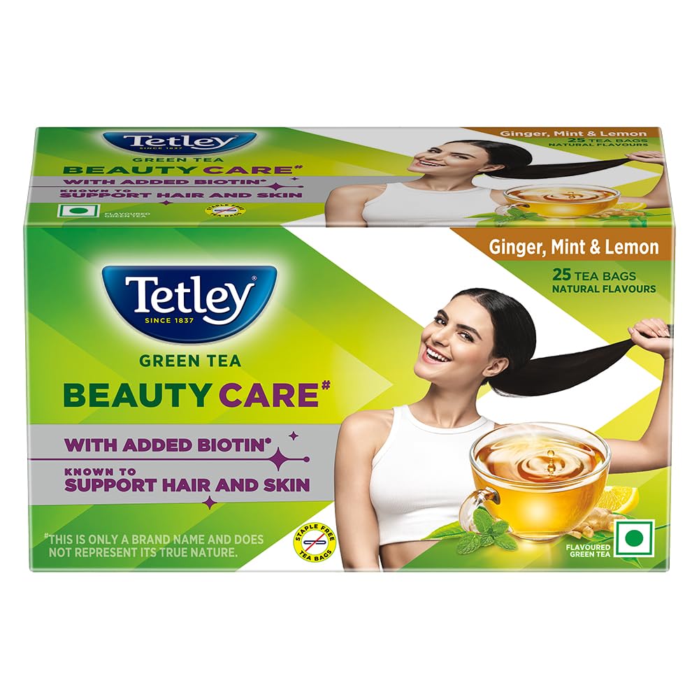 Tetley Green Tea Beauty Care, With Added Biotin, Supports Hair and Skin, 0 Calories, Natural Ginger, Mint and Lemon Flavors, 25 Sachets (1.7 g each)