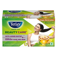Tetley Green Tea Beauty Care, With Added Biotin, Supports Hair and Skin, 0 Calories, Natural Ginger, Mint and Lemon Flavors, 25 Sachets (1.7 g each)