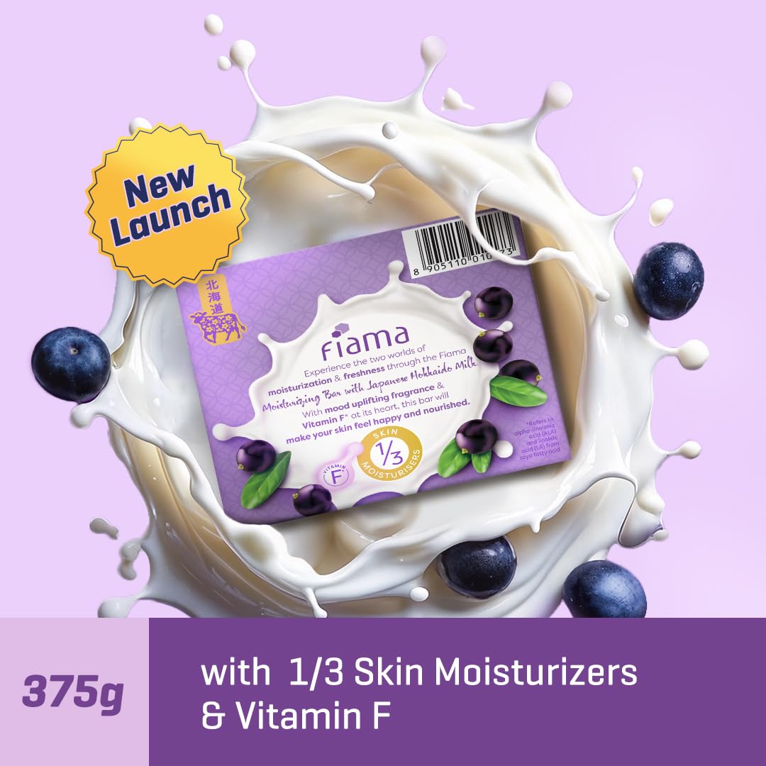 Fiama Moisturizing Soap Bar, Japanese Hokkaido Milk & Acai Berry, Soap Pack of 3, Non-Sticky Moisturized Skin, 1/3rd Skin Moisturizers, Vitamin F, Fragrant Freshness