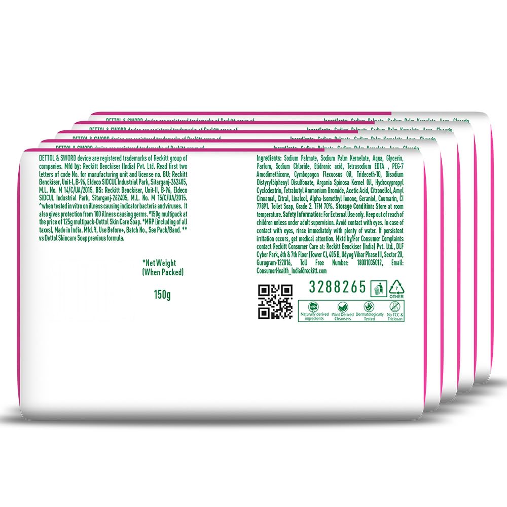 Dettol Skincare Moisturizing Beauty Bathing Soap Bar with Argan Oil (750gm) | Softer Skin, 150gm, Pack of 5