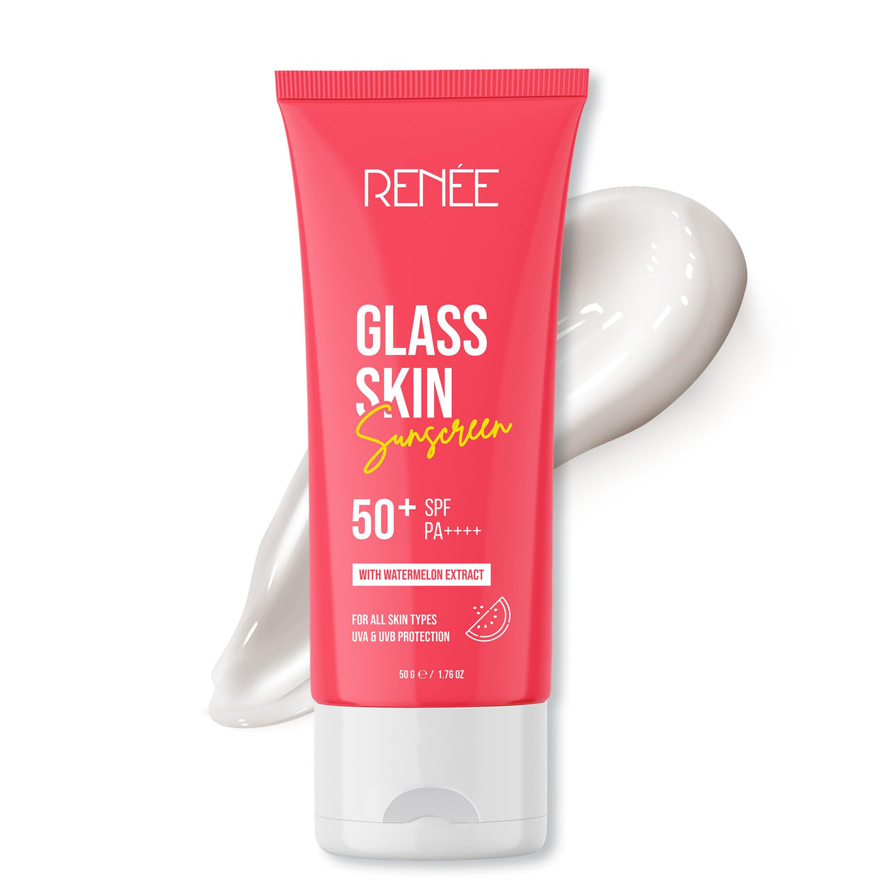 RENEE Glass Skin Gel Sunscreen SPF 50, UVA & UVB Protection, Lightweight, Hydrating & Non-Sticky, Zero White Cast, For Radiant, Supple Skin, Infused with Watermelon, Beetroot & Hyaluronic Acid 50gm