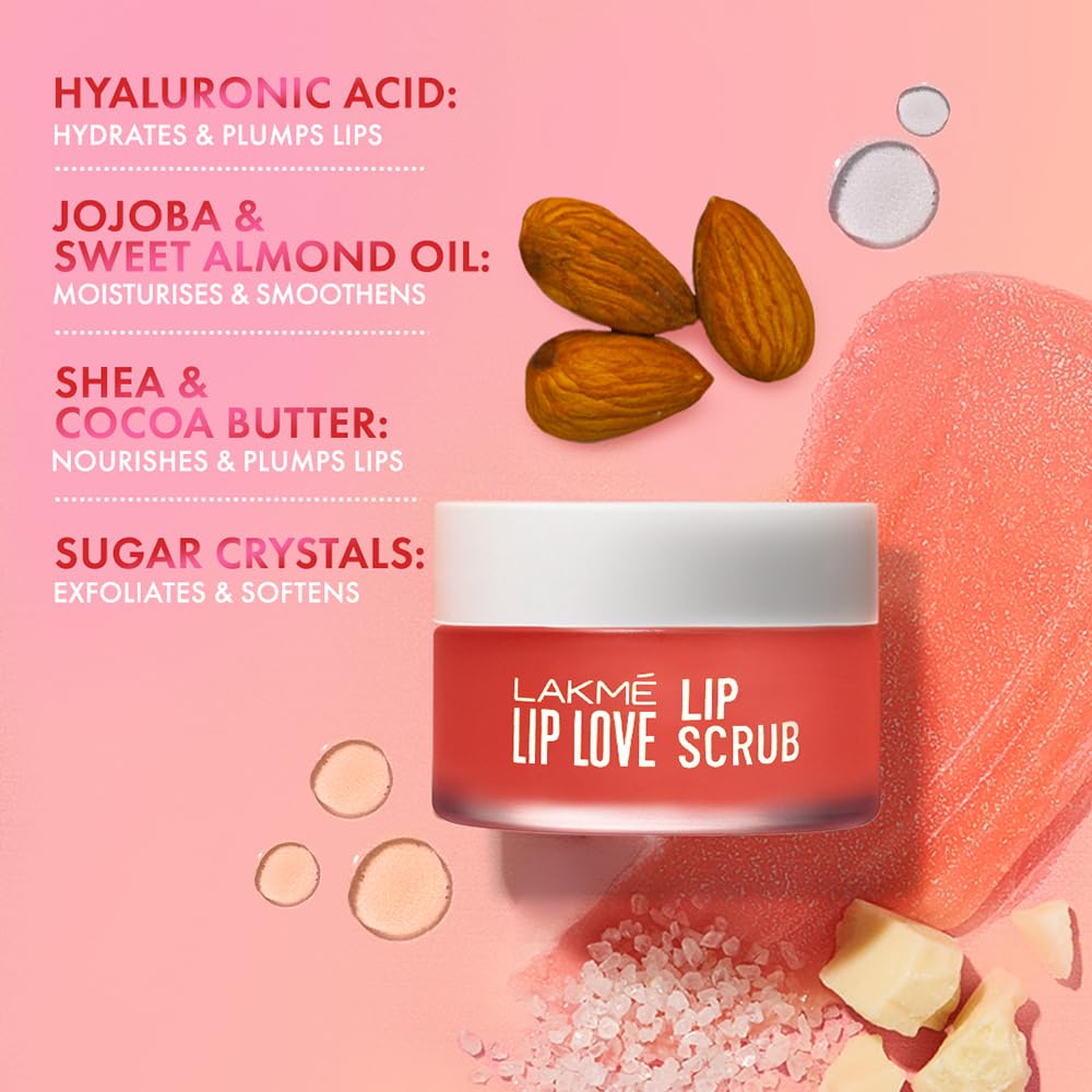 Lakmé Exfoliating Lip Scrub With Hyaluronic Acid For Soft, Smooth Lips | Lip Love Lip Scrub, 15Gm