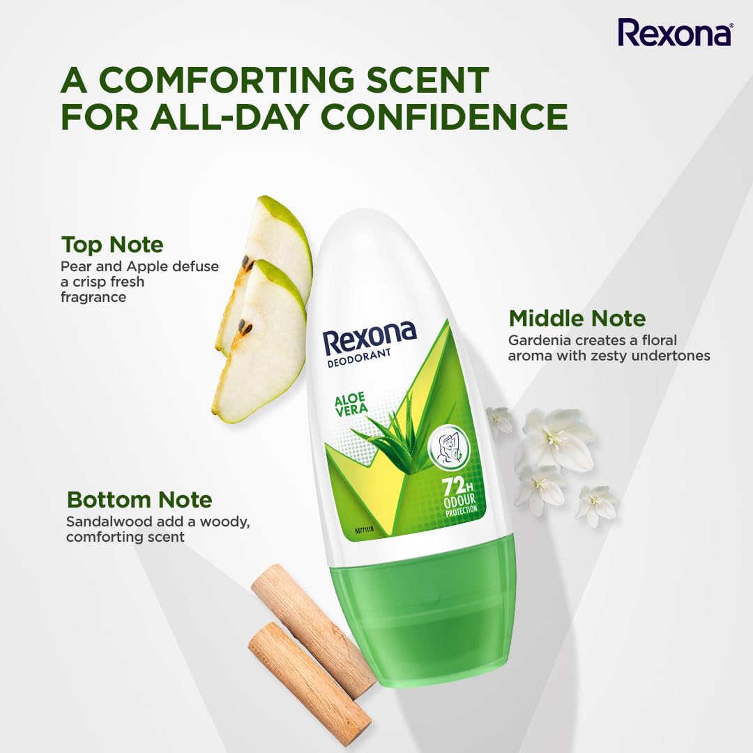 Rexona Aloe Vera Underarm Roll On Deodorant For Women, Antiperspirant, Removes Odour, Keeps Skin Fresh & Clean, Alcohol Free, Skin Friendly, 50 ml (Pack of 2)