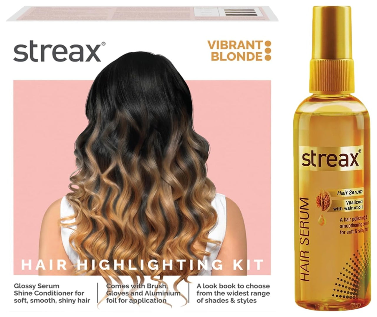 Streax Hair Serum 125ml, Vitalized with Walnut Oil, For Hair Smoothening & Shine, For Dry & Frizzy Hair Hair Colour Highlight Kit | Blonde Hair Colour, Vibrant Blonde - Pack of 1