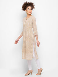 ZOLA Exclusive Georgette Round Neck with Full Sleeves and Calf Length Luckhnowi Chikan Kari Kurta with Button Placket on Yolk Ethnic Wear Straight Kurta for Women Pack of 1