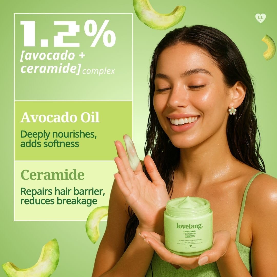 lovelang Avocado + Ceramide Hair Mask | Deep Repair for Damaged Hair, Split Ends & Breakage | Strengthens & Softens | 120ml | Avocado Scent | All Hair Types
