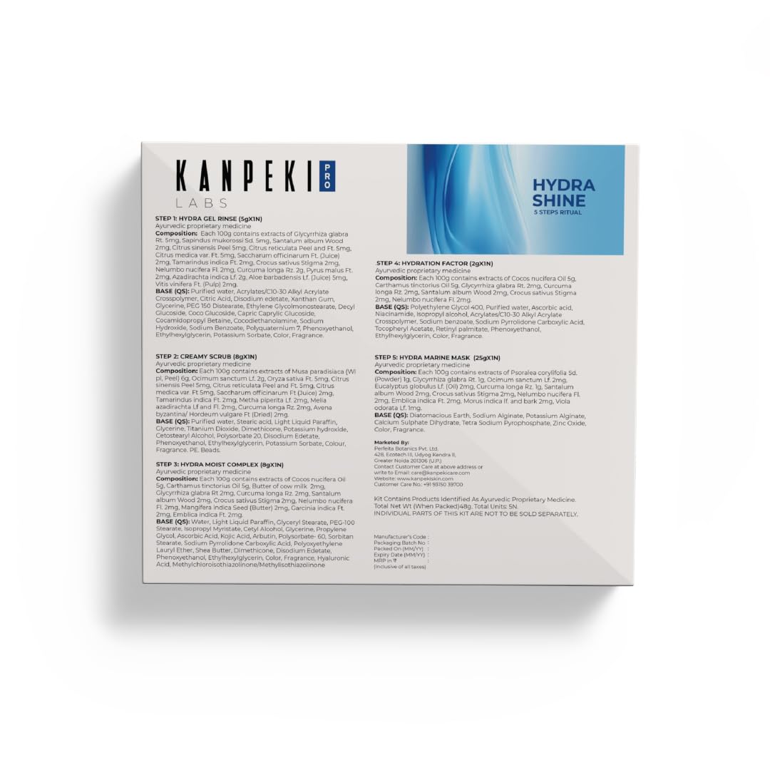 Kanpeki Hydra Shine 5-Step Facial Kit | Deep Hydration & Glow | With Shea Butter, Algae & Vitamin A | For Dry & Normal Skin | Brightening & Moisturizing