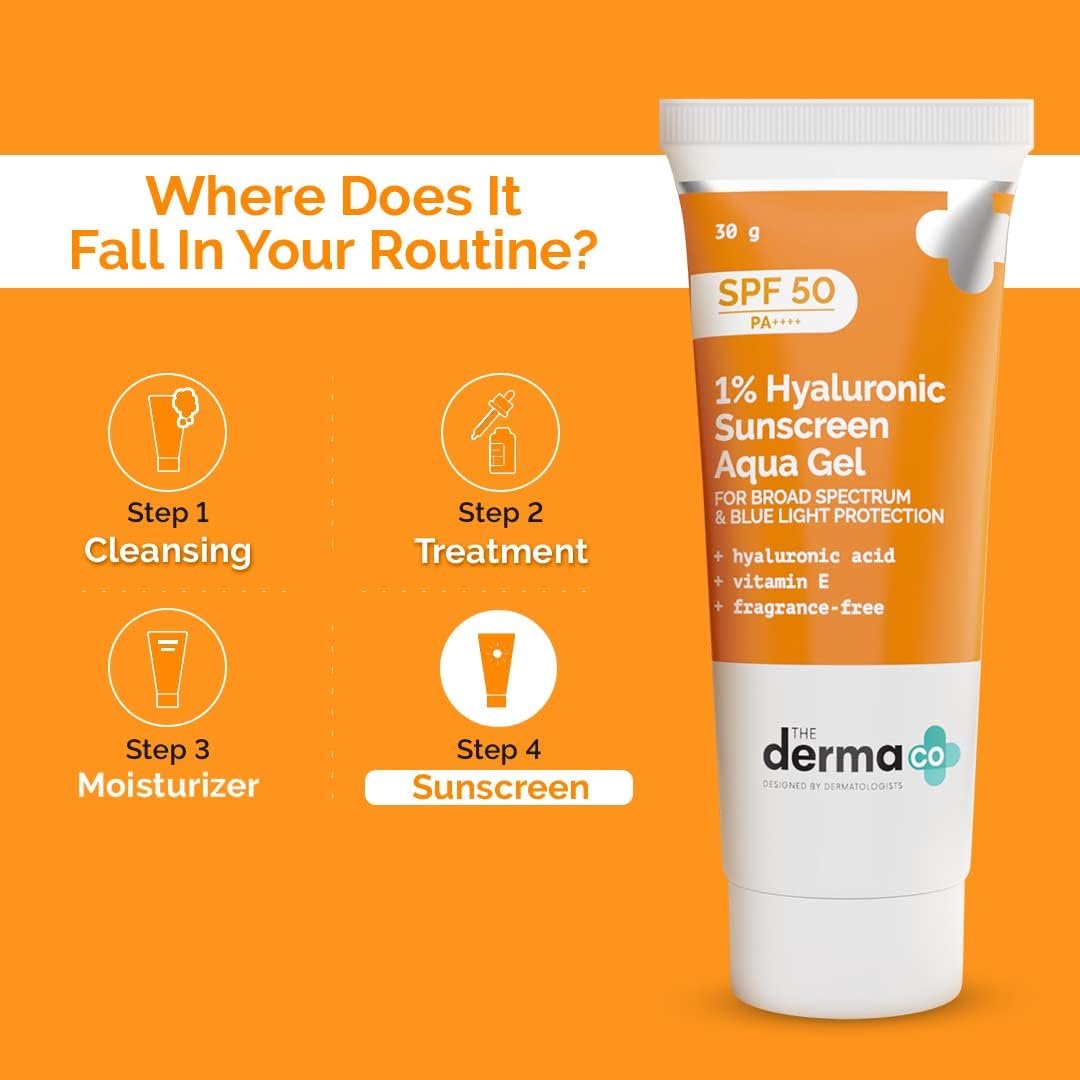 The Derma Co 1% Hyaluronic Sunscreen SPF 50 Aqua Gel, PA++++, Lightweight, No white-cast for Broad Spectrum & Blue Light Protection for Oily, Dry, Acne-prone Skin - 30g (Pack of 3)