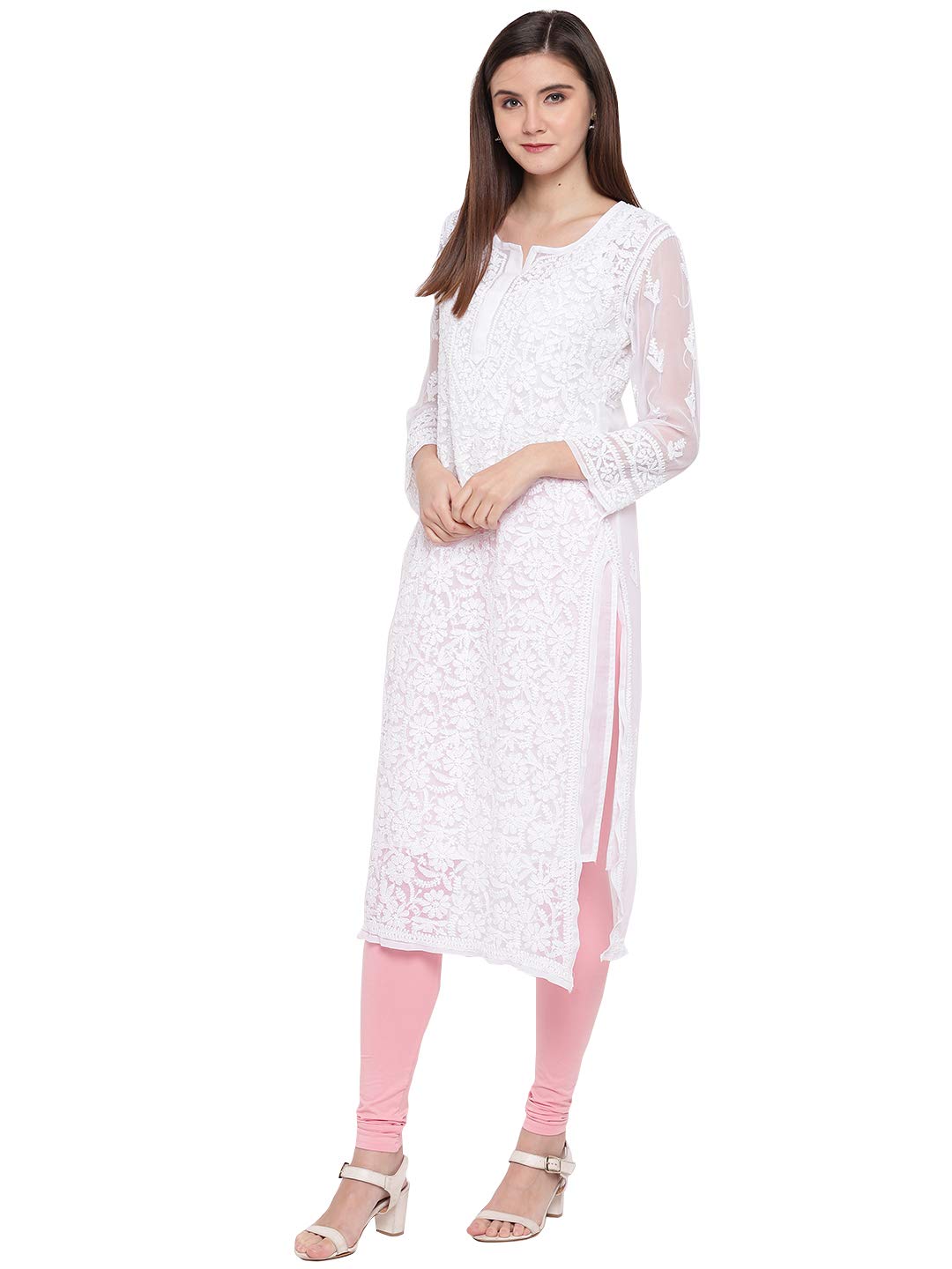 Ada Women's  Handcrafted Traditional Chikan Work Georgette Kurta with Slip A158876 White
