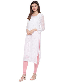 Ada Women's  Handcrafted Traditional Chikan Work Georgette Kurta with Slip A158876 White