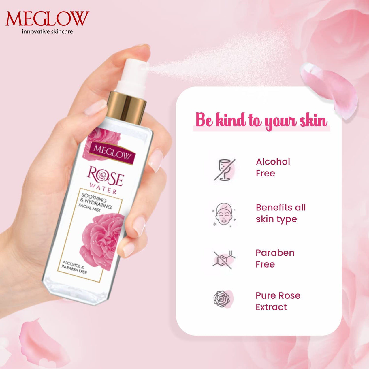 Meglow Pure & Natural Rose Water Spray for Face(Pack of 2)-100ml,Face Mist for Glowing Skin|Gulab Jal For Skin|Face toner|Makeup Remover|Alcohol & Paraben Free| Tighten the Open Pores-for Men & Women