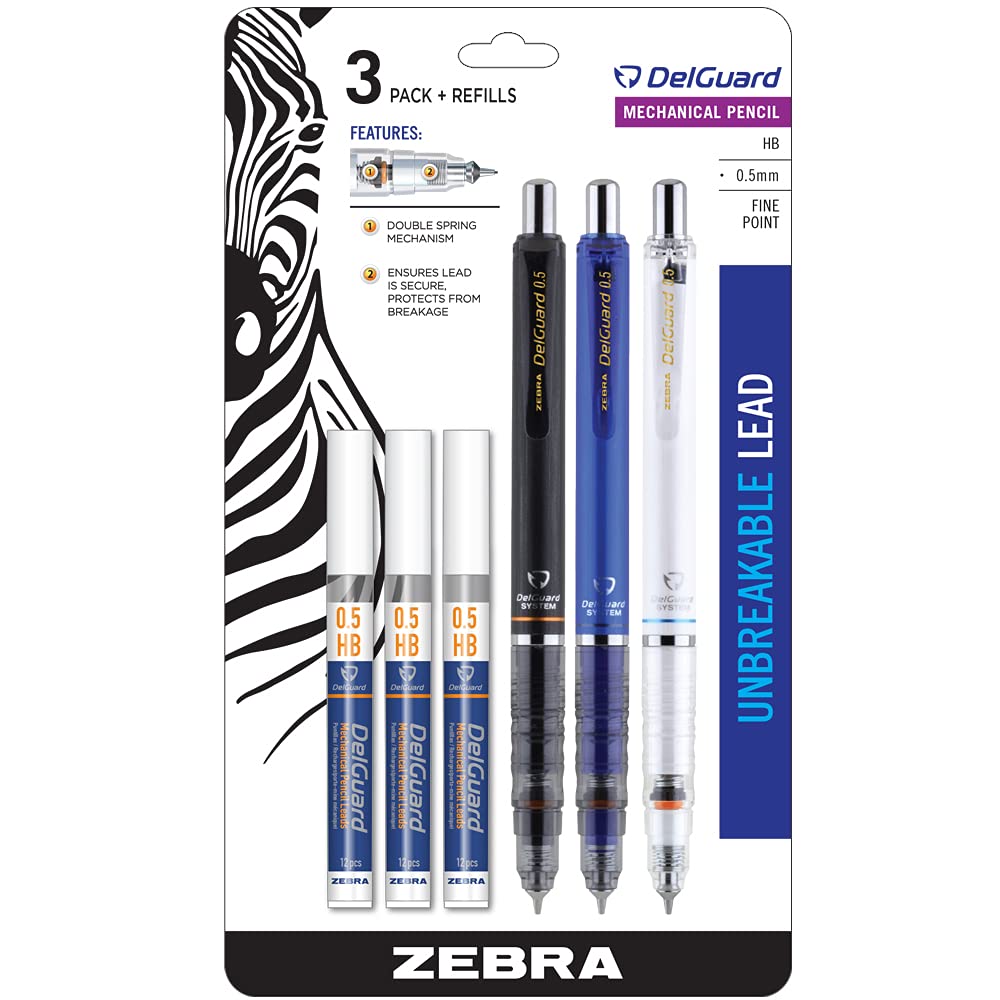 DelGuard Mechanical Pencil, Fine Point, 0.5mm, Black/Blue/White Barrel, Lead Refills, Refillable, 3-Pack (58603)