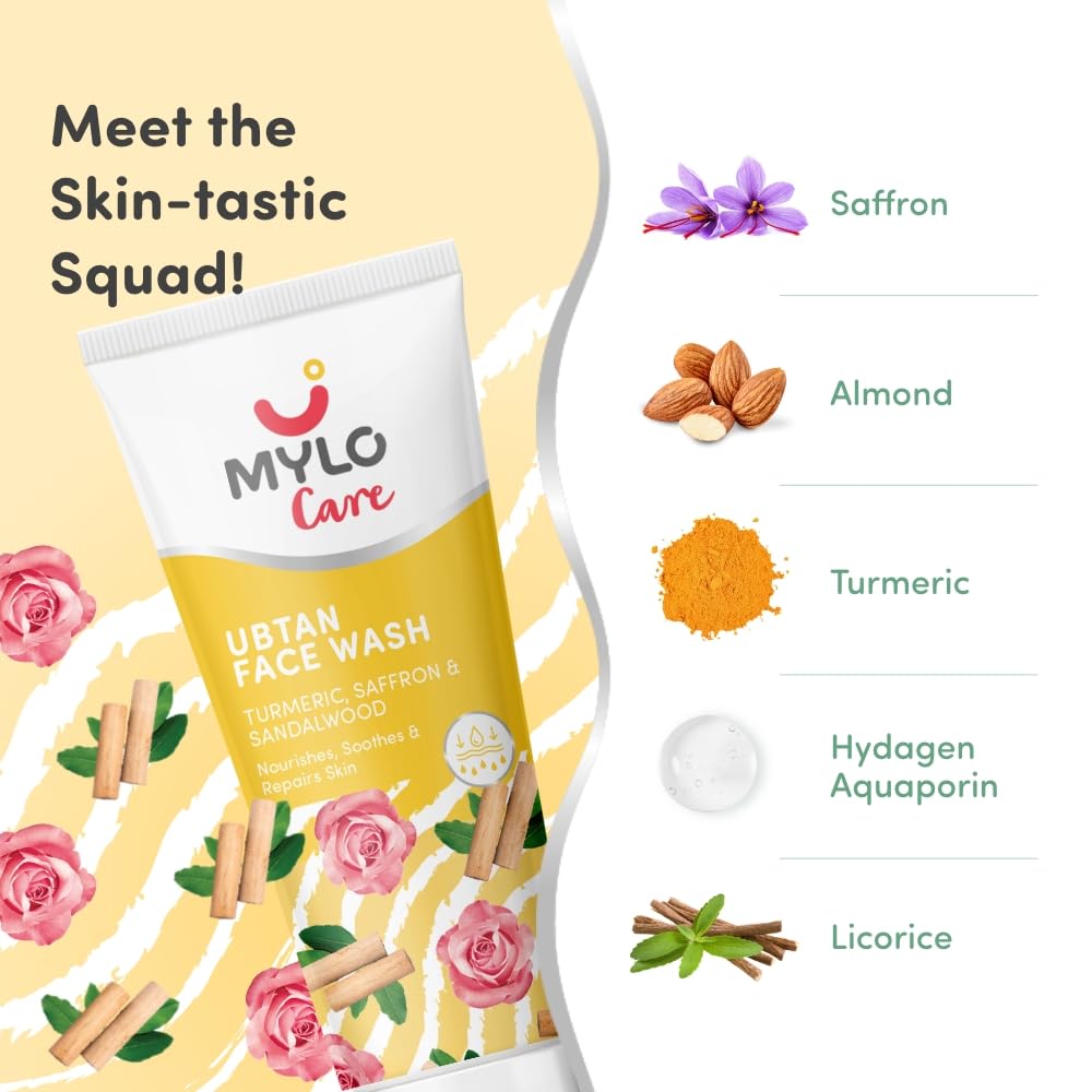 Mylo Care Ubtan Face Wash 100g | Detans, Brightens & Fights Acne | Removes Dead Skin & Blemishes | With Saffron, Turmeric & Nalpamaradi Oil | For All Skin Types
