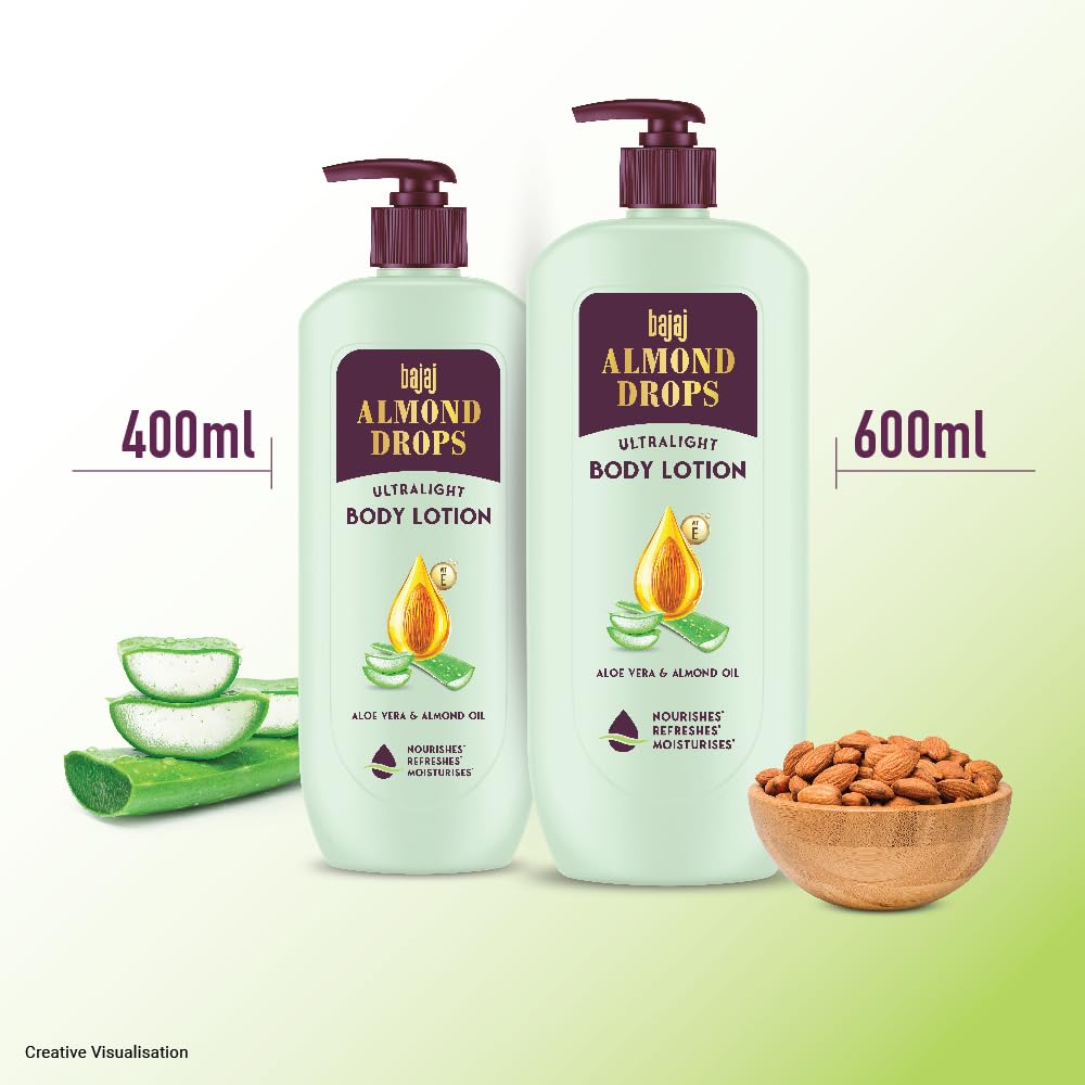 Bajaj Almond Drops Ultralight Body Lotion for Women and Men | Refreshing Hydration- Aloe Vera, Almond Oil & Vitamin E, 400 ml