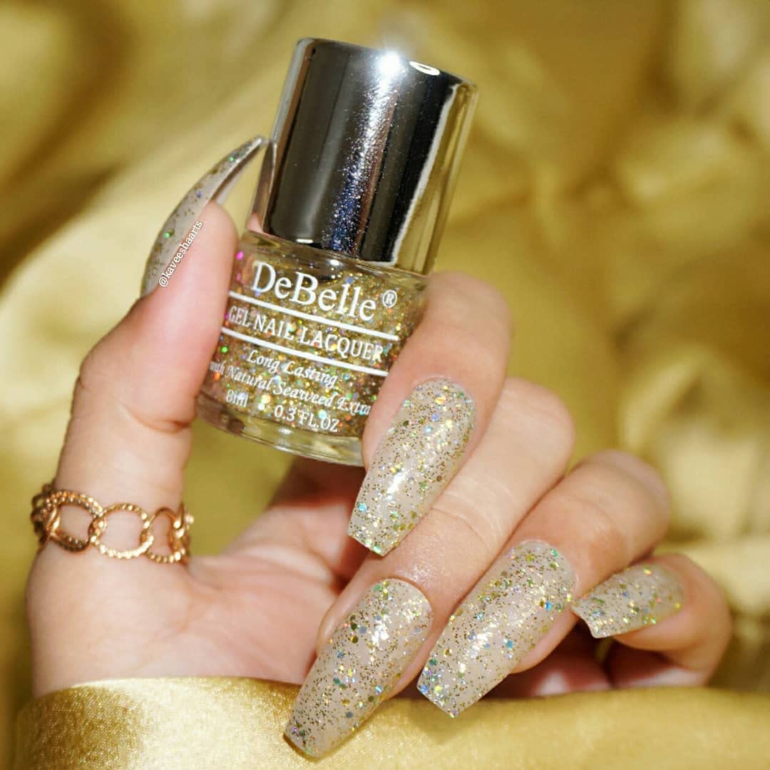 DeBelle Gel Nail Polish Galaxia (Transparent With Different Size Holo Glitter Nail Paint)|Non UV - Gel Finish |Chip Resistant | Seaweed Enriched Formula| Long Lasting|Cruelty and Toxic Free| 8ml
