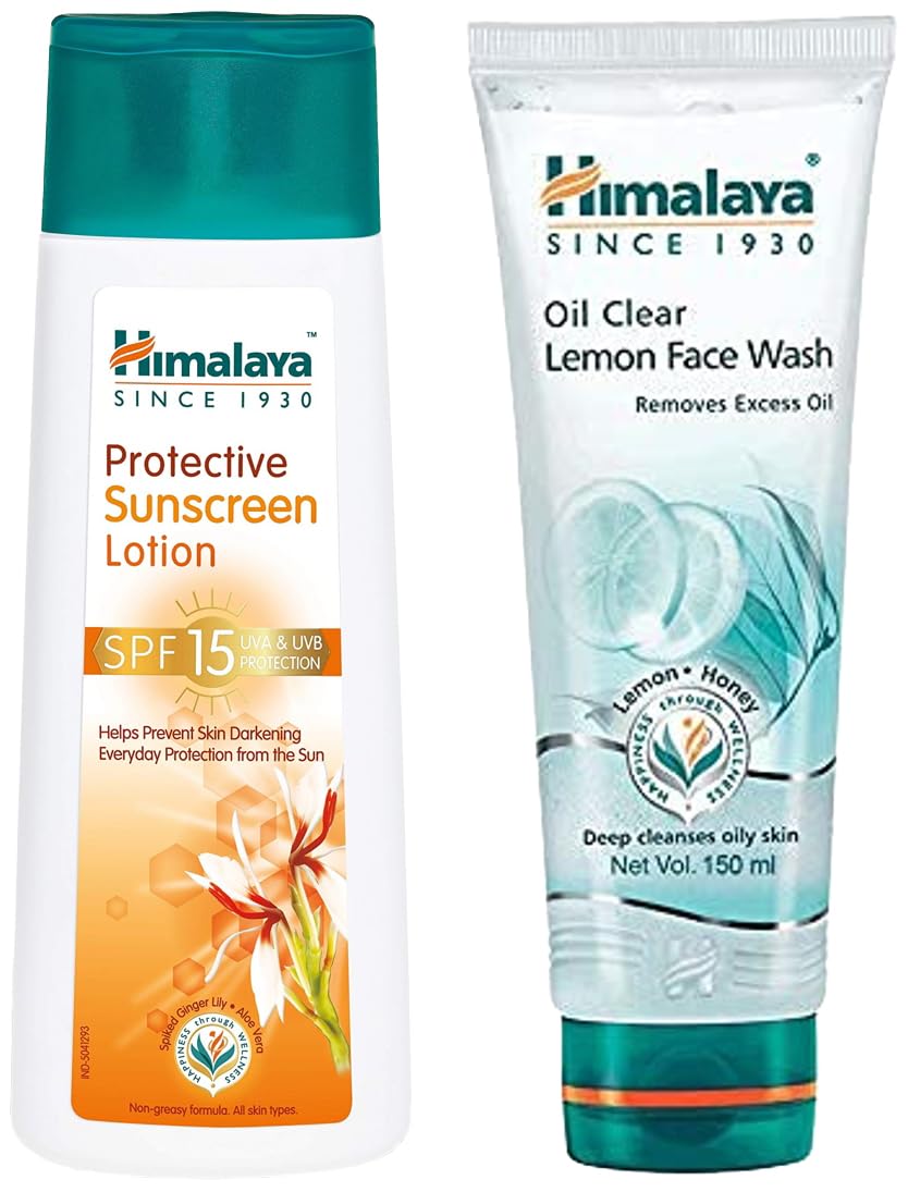 Himalaya Herbals Protective SPF 15 Sunscreen Lotion For All, 100Ml & Oil Clear Lemon Face Wash, 150Ml Combo, 2 Count