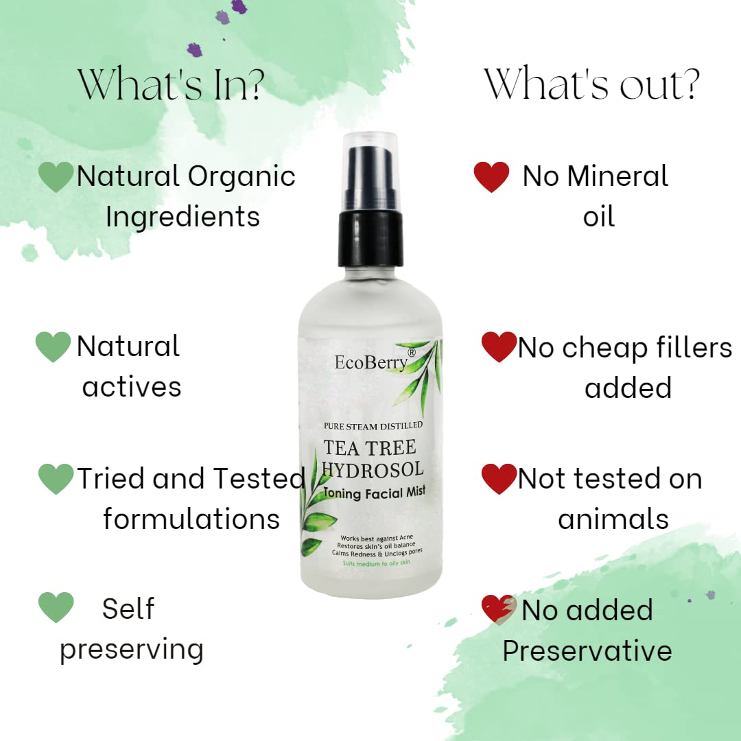 EcoBerry Pure Steam Distilled Teatree Hydrosol Toning Facial Mist For Oily Acne Prone Skin, Calms Redness, Breakouts, Restores Oil Balance, Suits Oily Skin, Natural, Chemical Free - 100 Ml