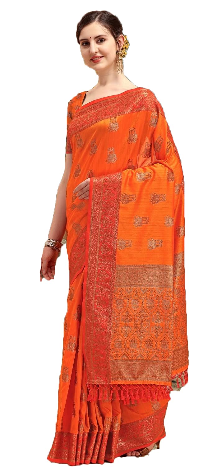 NK Textiles Women's  Elephant Motifs Woven Kanjivaram Ghicha Tussar Silk Saree with Fancy Tassels
