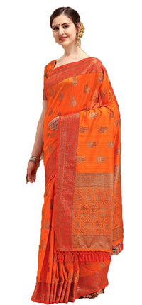 NK Textiles Women's  Elephant Motifs Woven Kanjivaram Ghicha Tussar Silk Saree with Fancy Tassels