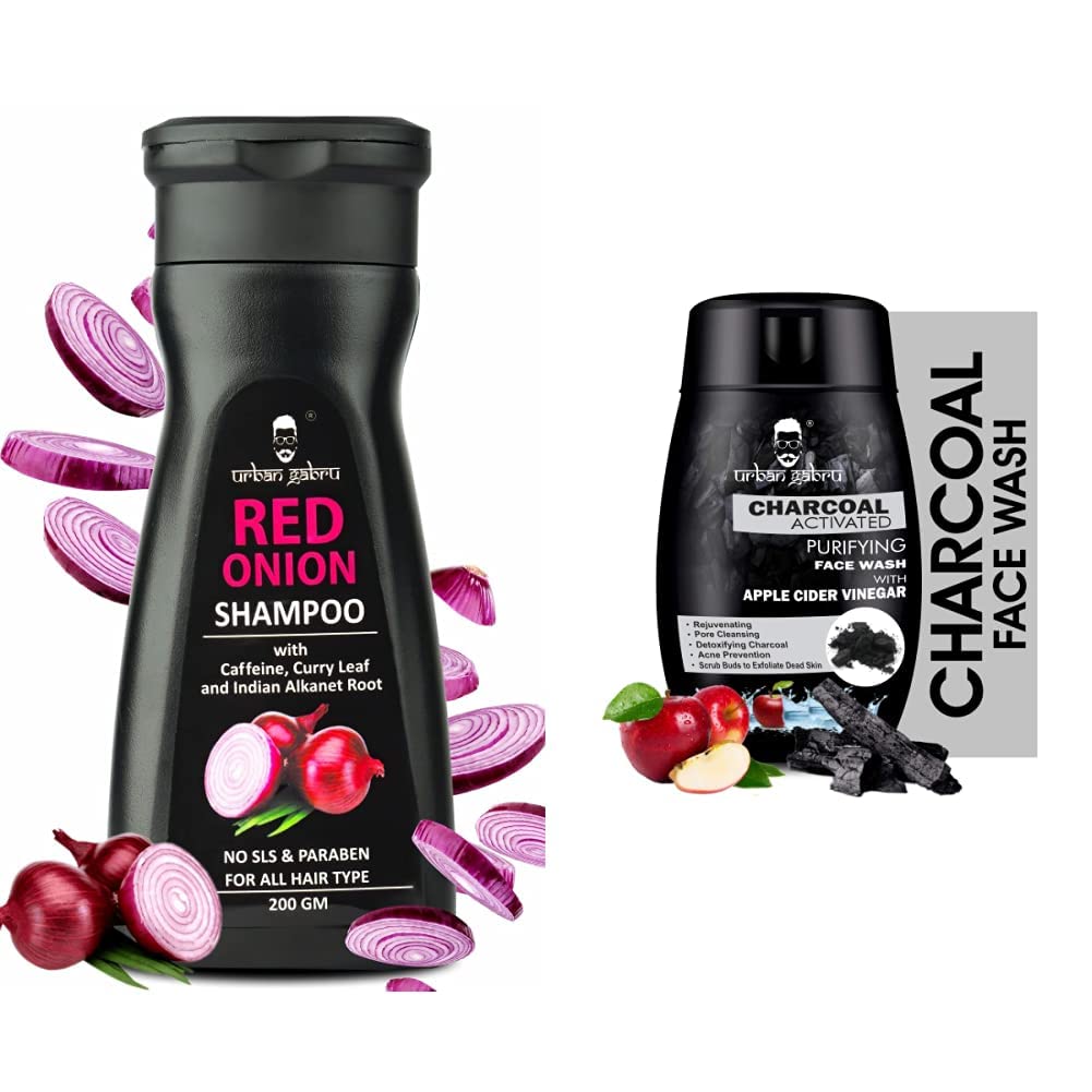 UrbanGabru Onion Shampoo For Hair Growth & Hairfall Control - Paraben & Sulphate Free, 200 g & UrbanGabru Charcoal Face Wash With Apple Cider Vinegar For Pimple/Acne Control and Clear Glowing Ski