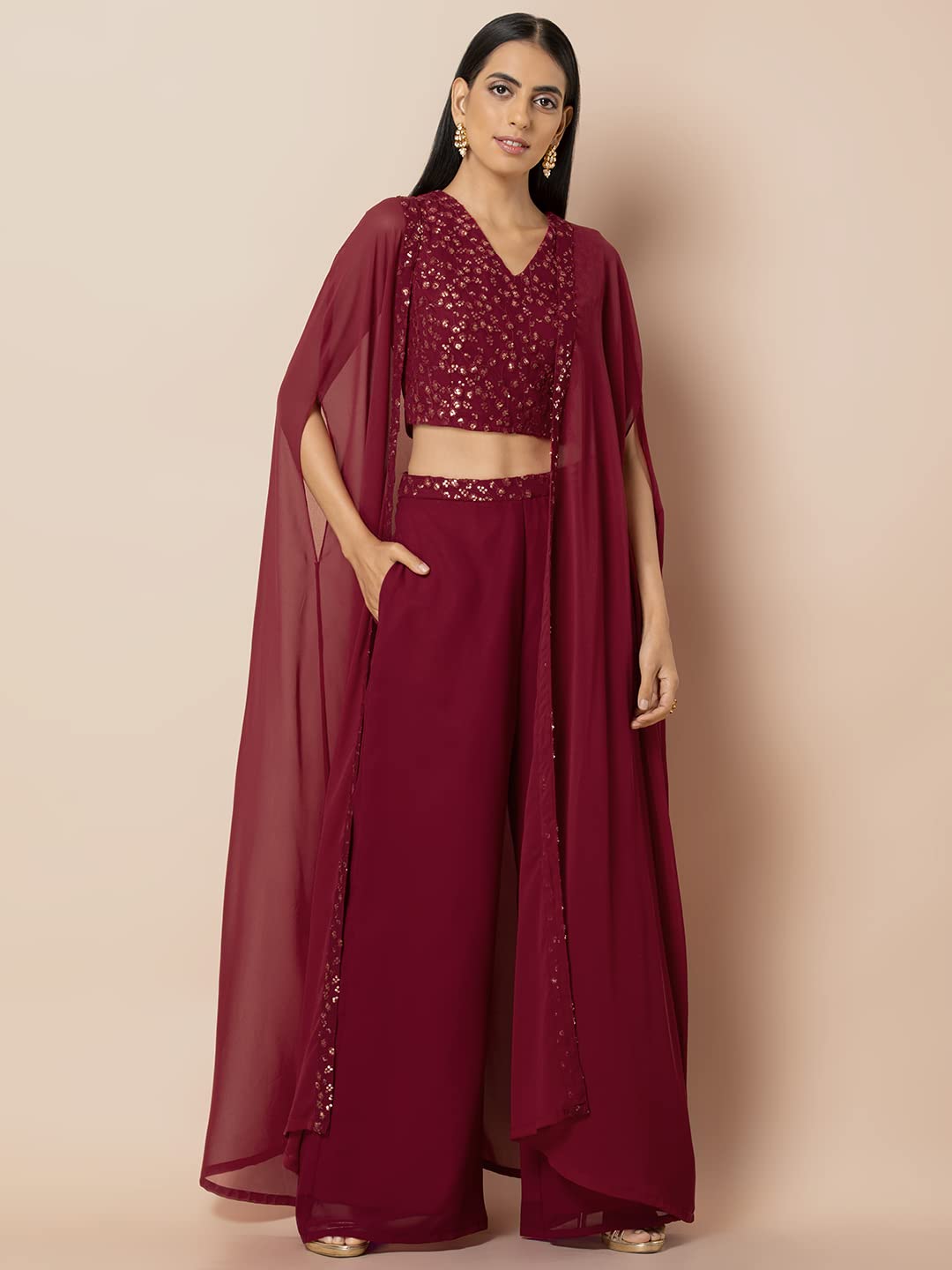 Indya Womens Solid Embellished Waist Palazzo Pants