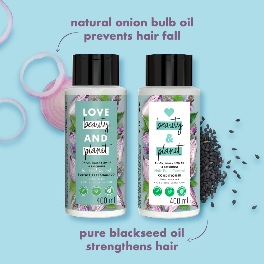 Love Beauty & Planet Onion, BlackSeed & Patchouli Hairfall Control Sulfate Free Shampoo + Conditioner Combo, 400 ml