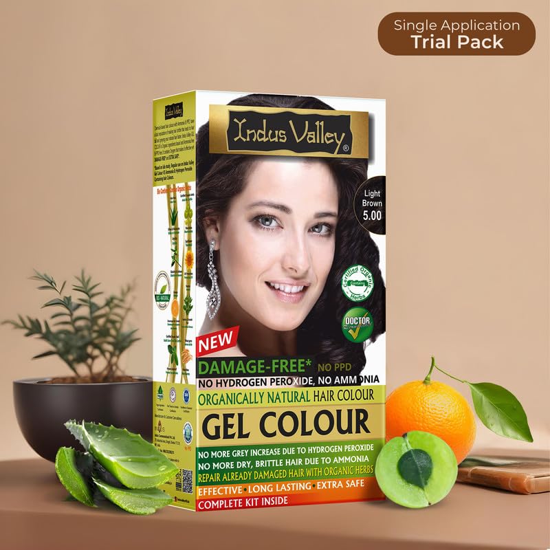 INDUS VALLEY Damage Free Natural Gel Hair Colour for Women | Ammonia & PPD Free Organic Hair Colour with 100% Grey Coverage, Long Lasting Hair Color Trial Pack | Light Brown (Pack Of 2)