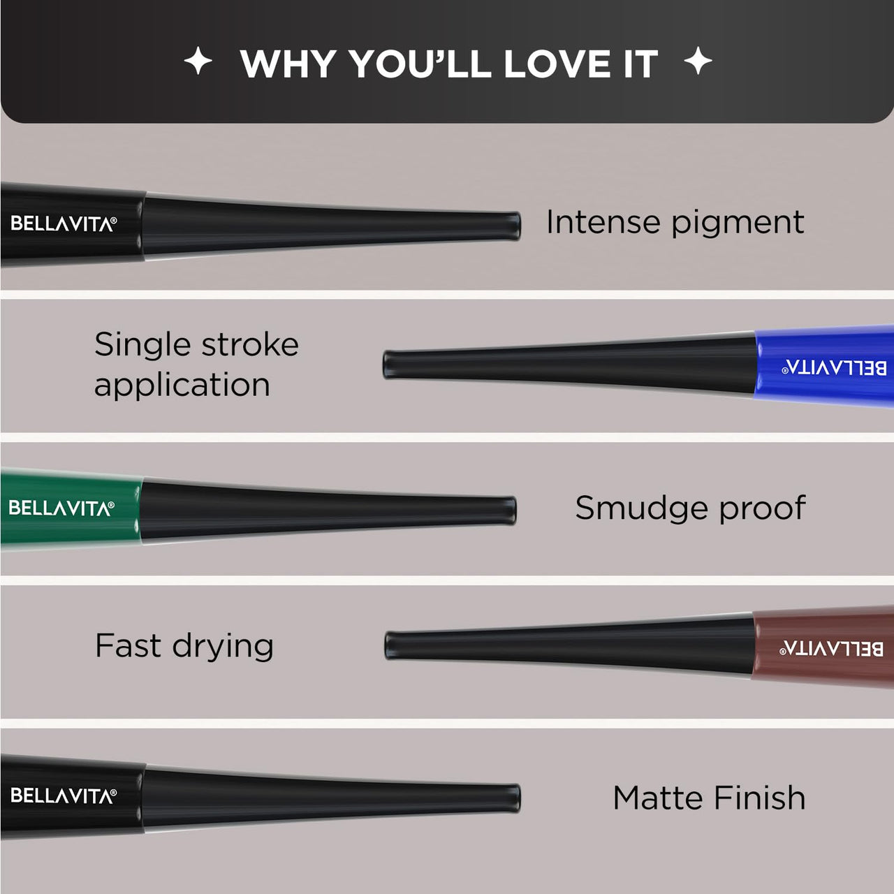 BELLAVITA Intense Drama Waterproof Eyeliner, Brown, Matte Finish, Smudge-Proof, Fast-Drying, Felt Tip Applicator, Enriched with Biotin, 3.5 ml