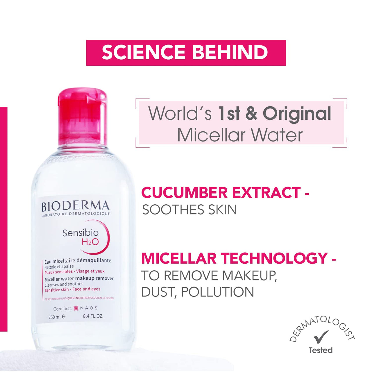 Bioderma Sensibio H2O Daily Soothing Cleanser, Make up Pollution & Impurities Remover Face Eyes Sensitive skin, Pump Bottle, 500ml