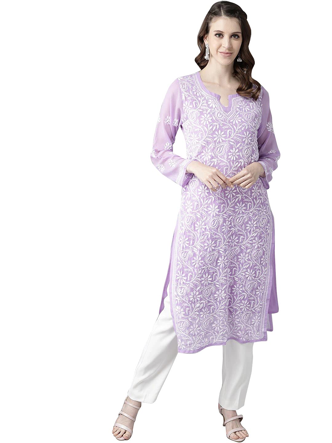 Ada Lucknowi Hand Embroidered Traditional Chikankari Georgette Kurta Kurti with Slip for Women