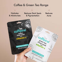 mCaffeine Green Tea & Coffee Sheet Masks with Vitamin C, Hyaluronic Acid, Niacinamide, Coconut Water & Fruit AHA Mix for Hydrated & Glowing Skin| Face Sheet Masks for Women & Men - Pack of 6 | 120g