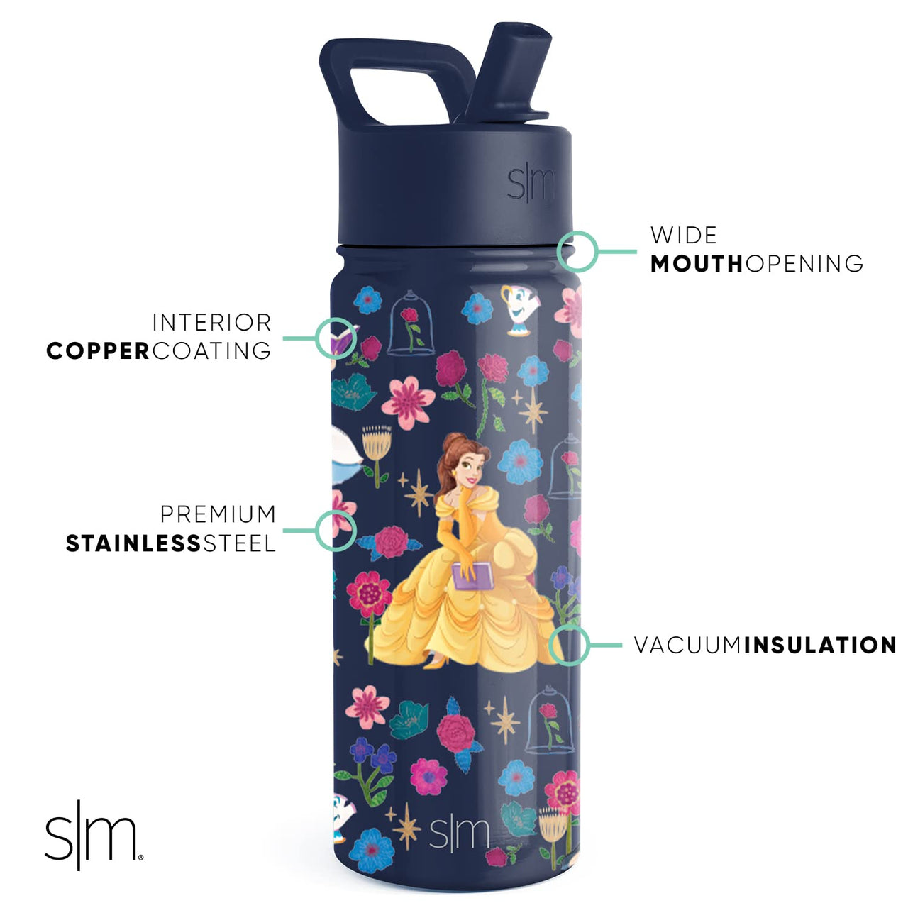 Simple Modern Disney Princess Kids Water Bottle with Straw Lid | Reusable Insulated Stainless Steel Cup for Girls, School | Summit Collection | 18oz, Belle's  Garden