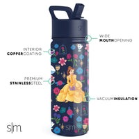 Simple Modern Disney Princess Kids Water Bottle with Straw Lid | Reusable Insulated Stainless Steel Cup for Girls, School | Summit Collection | 18oz, Belle's  Garden