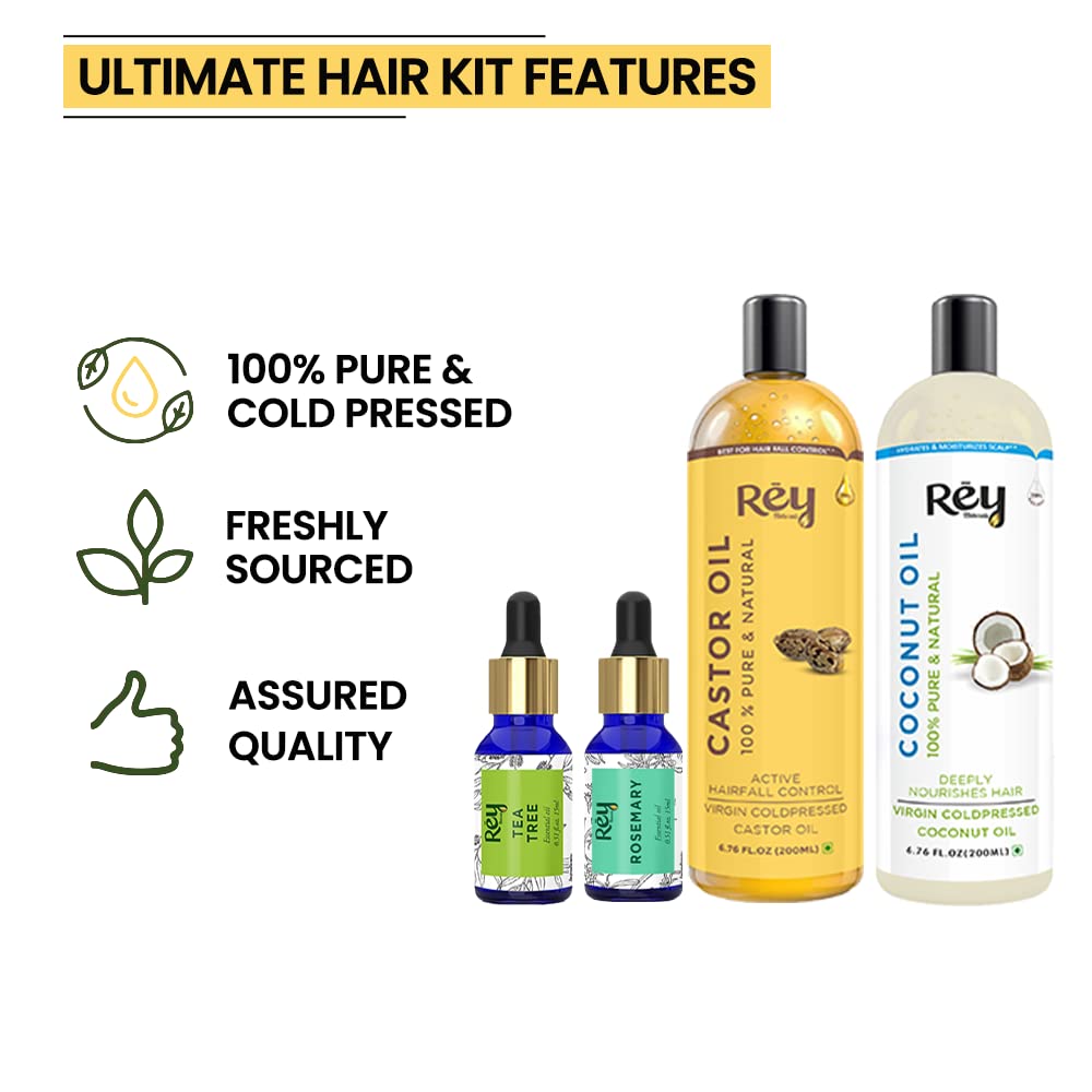 Rey Naturals hair oils combo/hair care kit (Castor oil + Coconut oil + Tea tree oil + Rosemary oil) controls hairfall - For healthy hair - No Mineral Oil, Silicones & Synthetic Fragrance