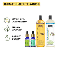 Rey Naturals hair oils combo/hair care kit (Castor oil + Coconut oil + Tea tree oil + Rosemary oil) controls hairfall - For healthy hair - No Mineral Oil, Silicones & Synthetic Fragrance