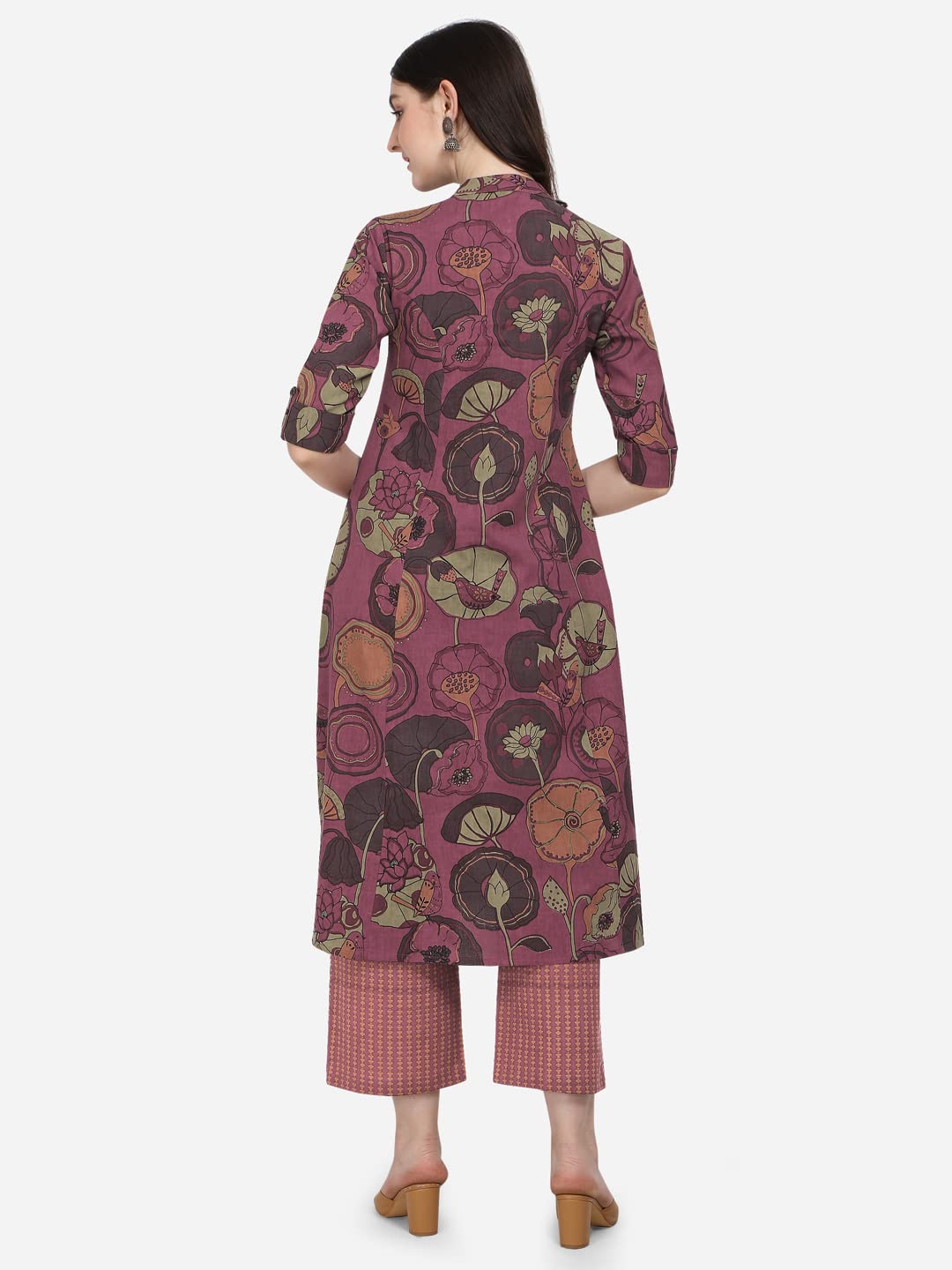 MIRCHI FASHION Women's  Cotton Bagru Printed A-Line Kurta Set with Plazzo Pant L Grey, Pink