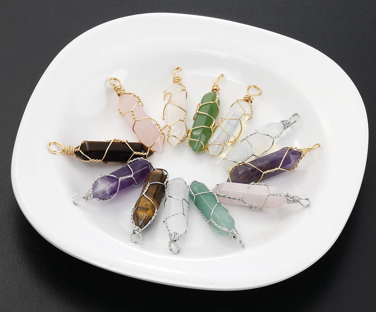 Lezam 24 Pcs Healing Chakra Crystal Pendant Hexagonal Pointed Natural Bullet Shaped Gemstone Wire Wrapped Quartz Stone Charm Pendants for Necklace Jewelry Making(12-12) 24-A