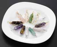 Lezam 24 Pcs Healing Chakra Crystal Pendant Hexagonal Pointed Natural Bullet Shaped Gemstone Wire Wrapped Quartz Stone Charm Pendants for Necklace Jewelry Making(12-12) 24-A