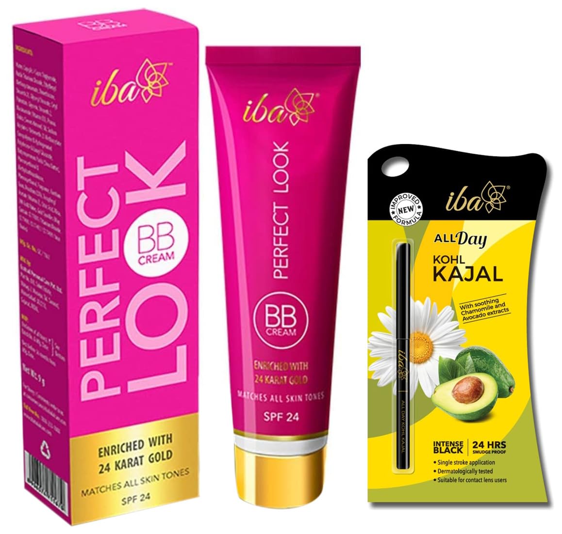 Iba Halal Care Perfect Look BB Cream With 24 Karat Gold, 30g & Iba Halal Care All Day Kohl Kajal, Jet Black, 0.35g