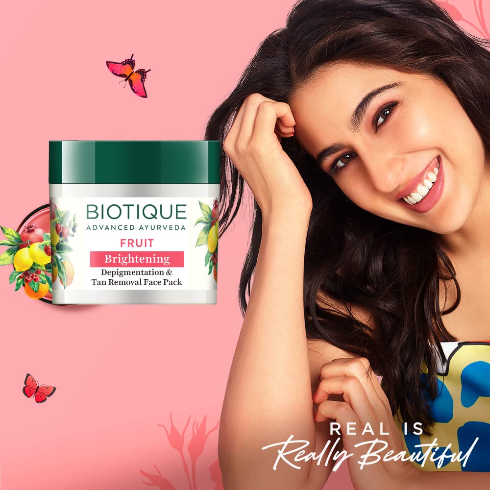 Biotique Fruit Brightening Depigmentation and Tan Removal Face Pack| Ayurvedic and Organically Pure| Tan Removal Face Pack for All Skin Types|100% Botanical Extracts| 75gm