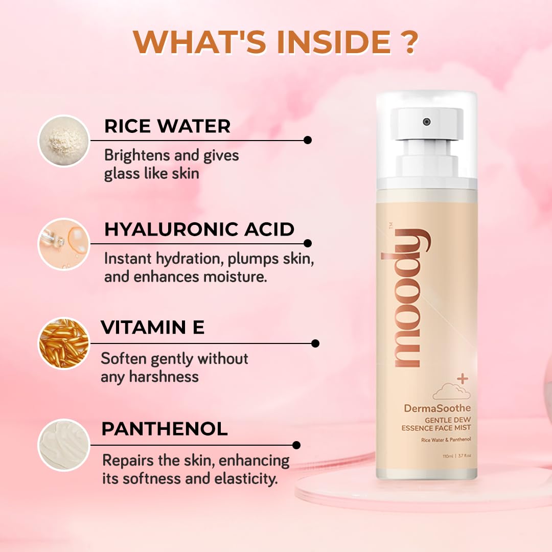 Moody DermaSoothe Brighening Face Mist & Essence Toner with Rice & Ceramides |Strenghten Skin Barrier | For Clear, Glass Korean Skin, Bright & Hydrated Skin | Alcohol-Free Toner |100% Vegan | 110ml