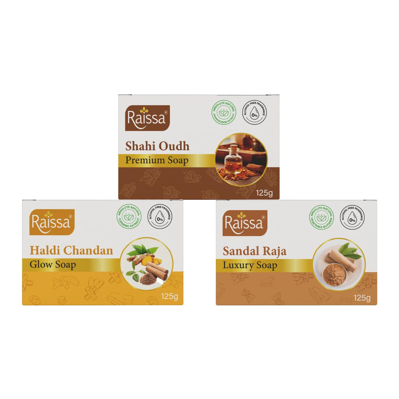 Raissa Bath Soap 125g, (Pack of 3) Haldi Chandan, Shahi Oudh and Sandal Raja | Alcohol-Free Fragrance | No Harsh Chemicals - Sandal, Turmeric and Frankinsense Fragrance Soaps