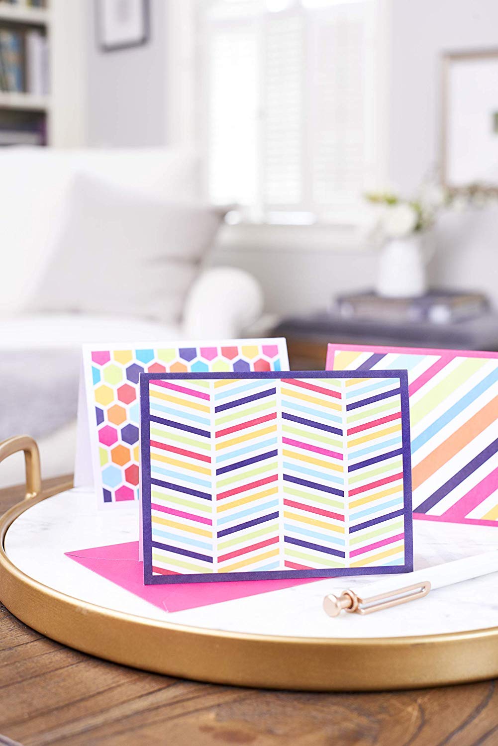 American Greetings Blank Cards Assortment with Envelopes, Bright Patterns (30-Count) blue, orange, yellow, fuschia