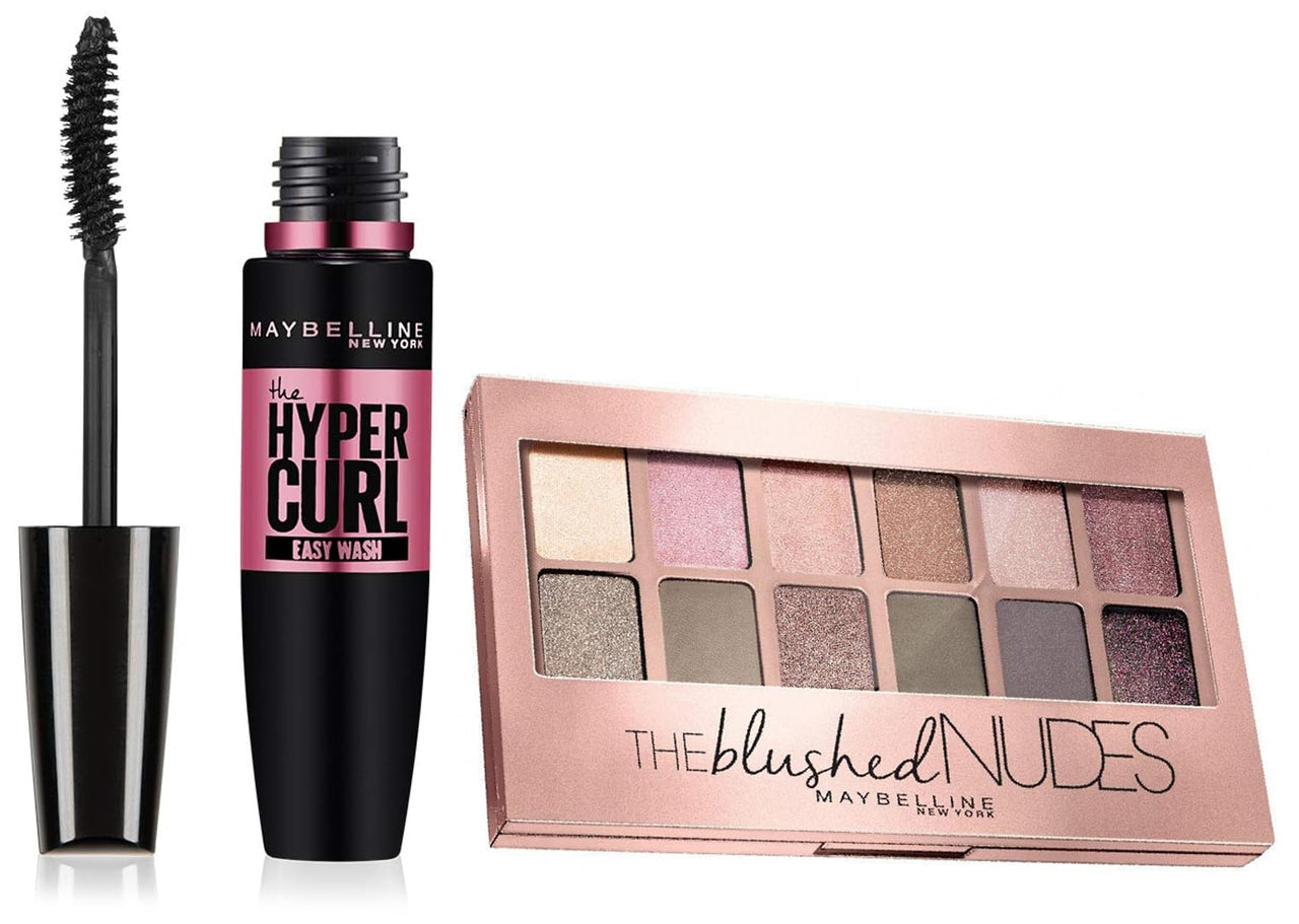 Maybelline New York The Blushed Nudes Palette Eyeshadow, 9g And Maybelline New York Hypercurl Mascara Washable, Black, 9.2ml, Matte & Shimmery Finish