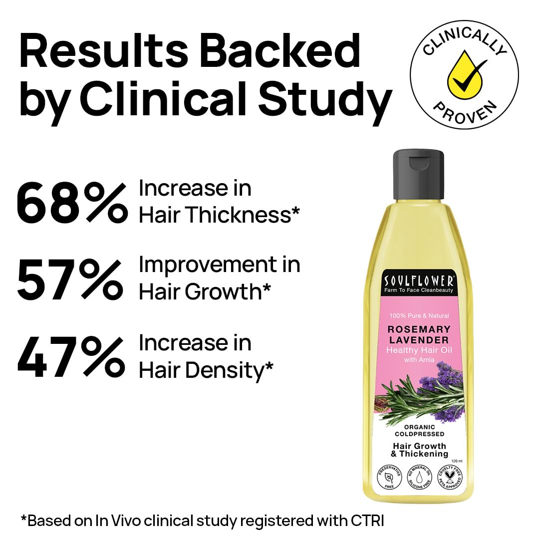 Soulflower Rosemary Lavender Hair Oil For Hair Growth, Hair Fall Control, Healthy Scalp, Long Hair, Rosemary, Lavender, Castor|100% Pure, Natural, Organic, Clinically Proven for Hair Growth, 120ml