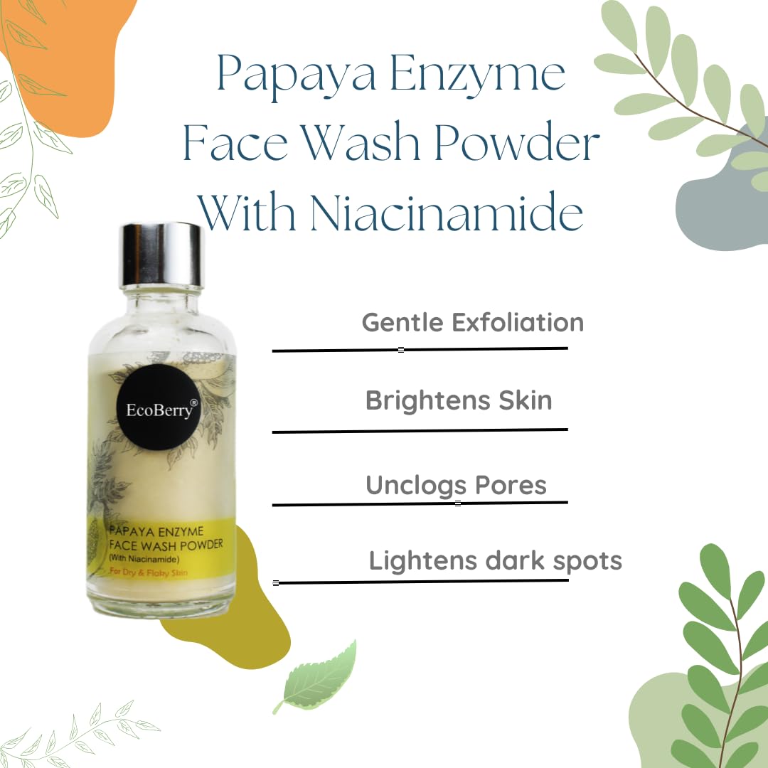EcoBerry Papaya Enzyme Face Wash Powder | Talc Free, Hypoallergenic, Sensitive Skin 100% Pure, Organic | Natural | Alcohol Free | Preservative Free | Chemical Free | Vegan 30g