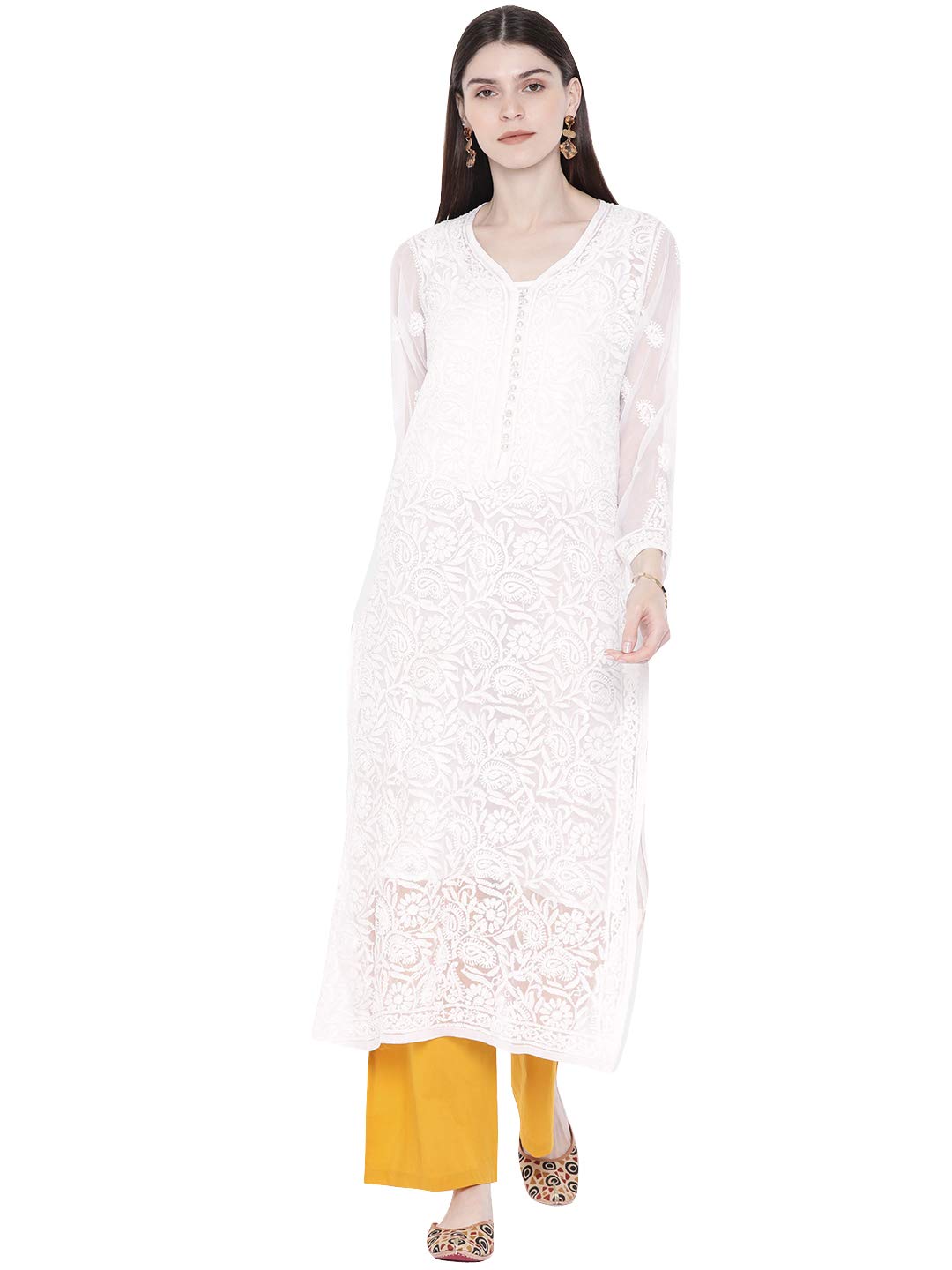 Ada Women's  Hand Embroidered Faux Georgette Lucknowi Chikankari Kurti with Slip