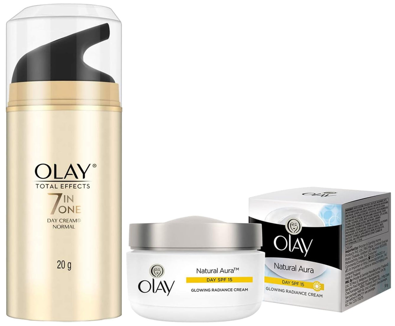 Olay Day Cream Natural White Fairness Moisturiser SPF 24, 50g & Olay Day Cream Total Effects 7 in 1, Anti-Ageing Moisturiser, 20g