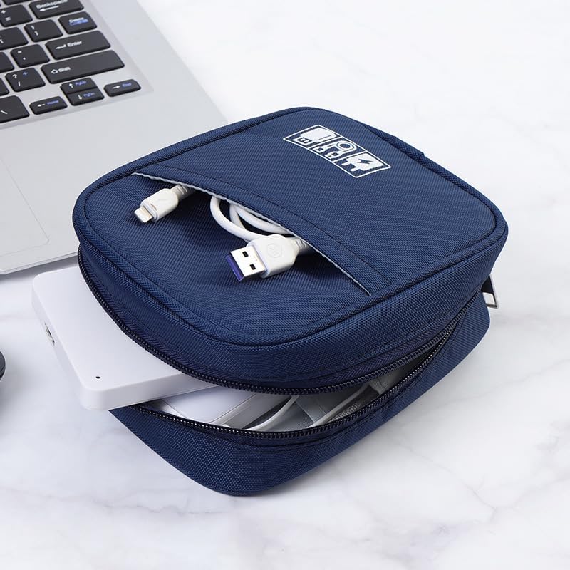 Travel Cable Organizer Bag, Water Resistant Cable Organizer for Cord, Phone Charger, Flash Drive, SD Card, Electronic Accessories Carry Case for Travel, Business Trip, Airplane (Navy Blue)